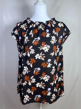 Ann Taylor Factory Black Floral Ruffle Blouse with Rust and Cream Accents